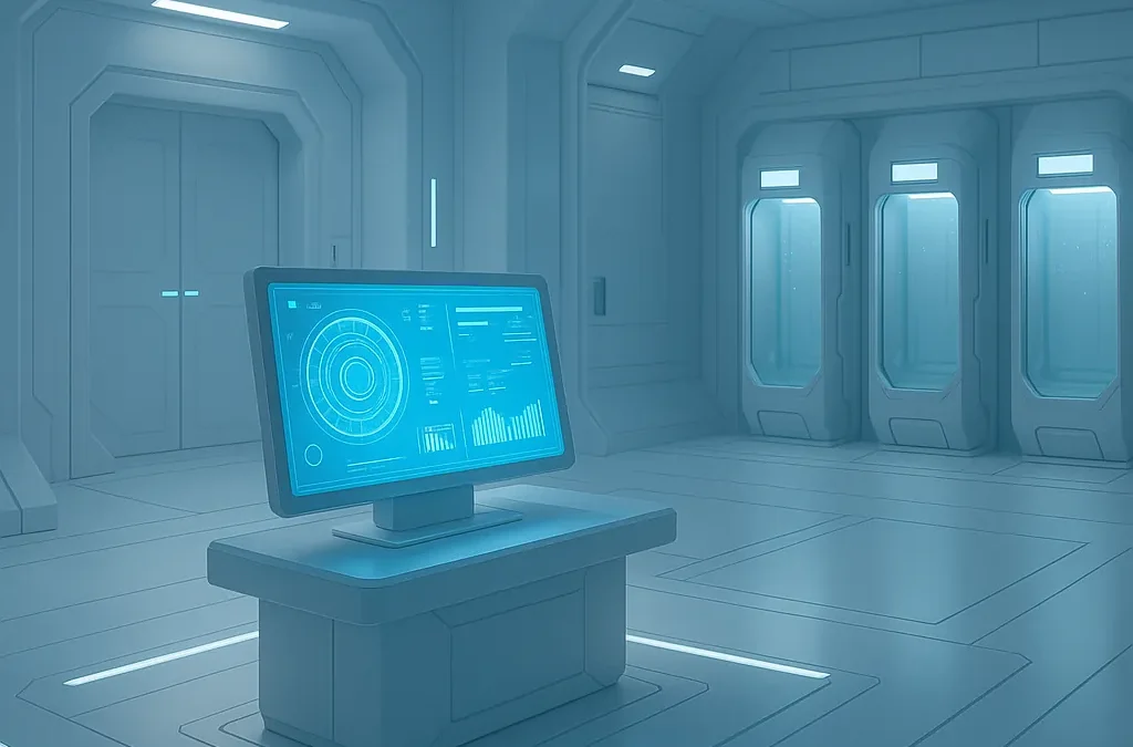 Sala futurista tecnológica en CRIOGENIC Escape Room, ideal como plan para grupos grandes en Barcelona, Madrid y Zaragoza