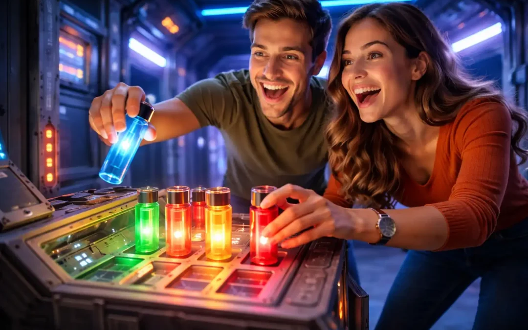 Pareja viviendo una experiencia inmersiva en un escape room, una idea original para sorprender y regalar algo diferente