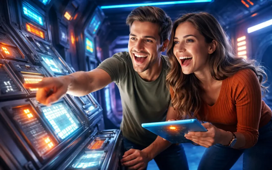 Pareja disfrutando de una experiencia inmersiva en un escape room, una forma original de regalar experiencias memorables